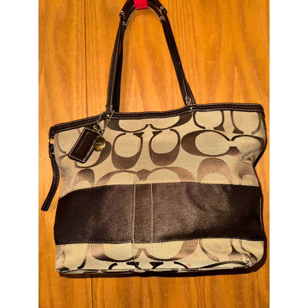 Coach Signature Jacquard Tote Bag Khaki Brown Leather‎ Trim Large Shoulder Bag
